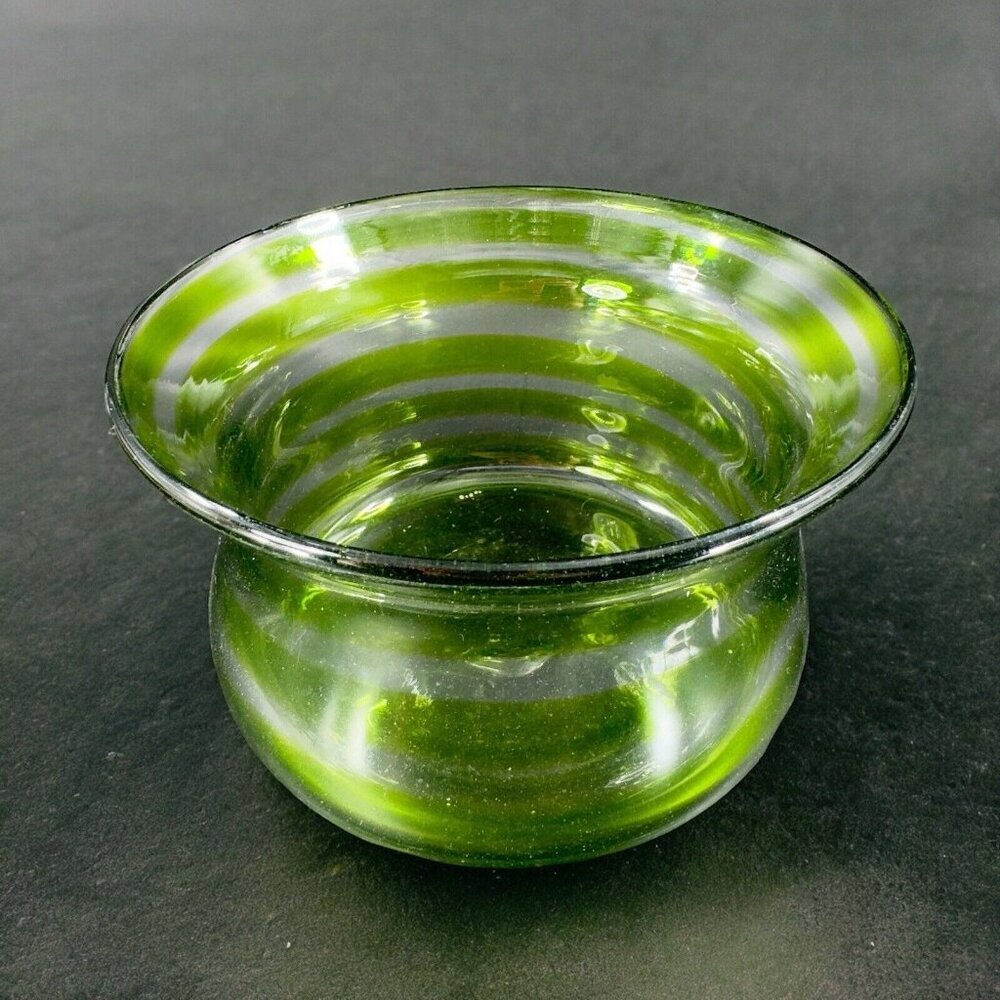 Blenko‎ Art Glass Bowl Planter Flower Pot Hand Blown Green Clear Lines Round Vtg